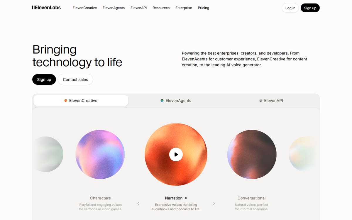 ElevenLabs homepage (screenshot captured July 2026).