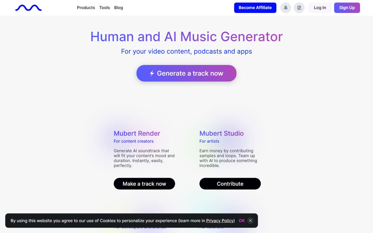 Mubert homepage (screenshot captured July 2026).